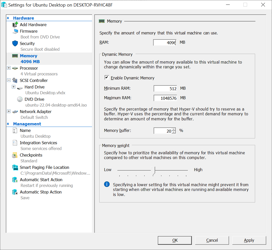 I chose 4GB RAM even though I have 32 GB of RAM memory. Ubuntu fares fine even under such small memory sizes.
